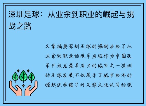 深圳足球：从业余到职业的崛起与挑战之路